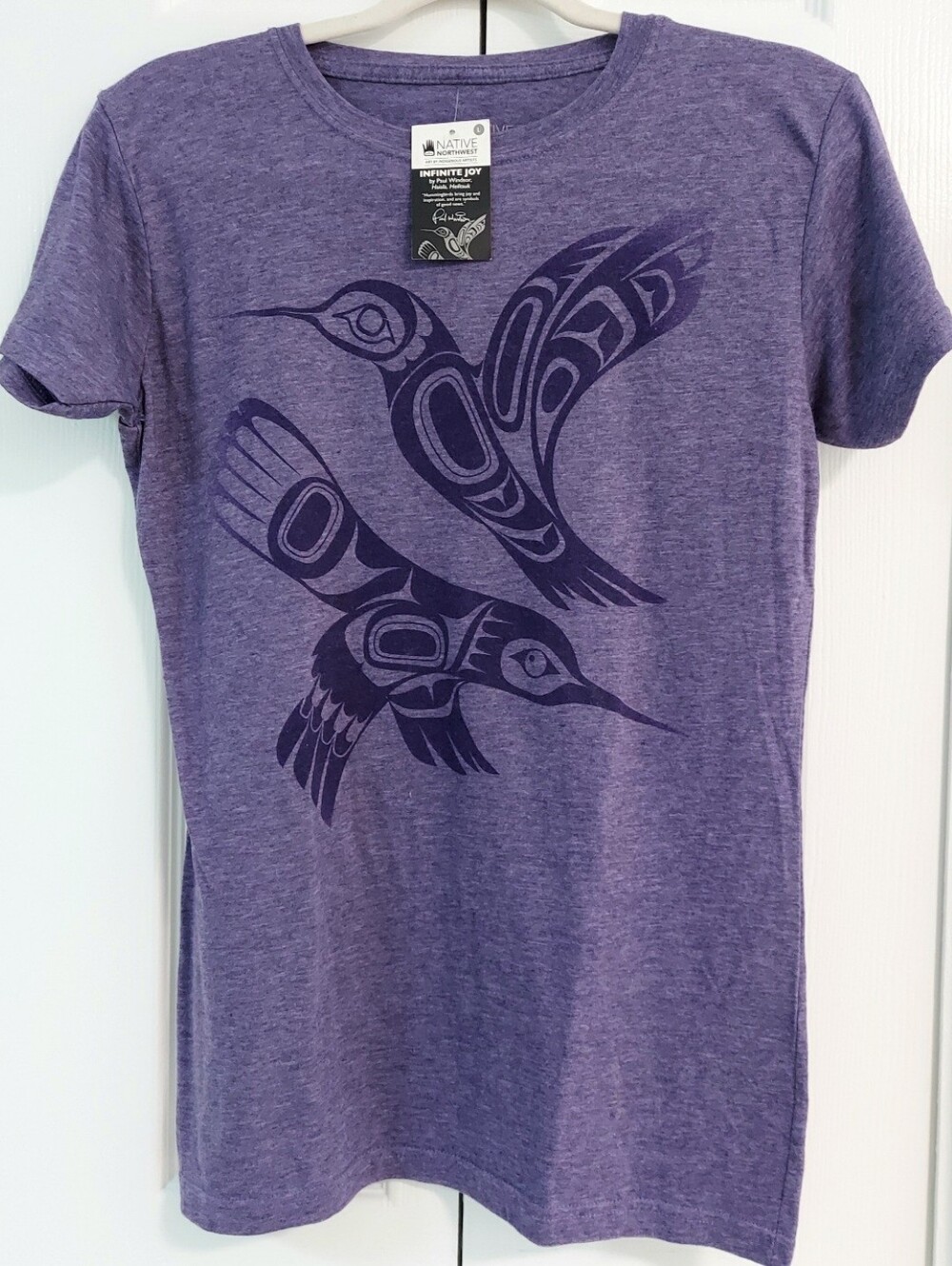 Native Northwest Top, NEW Size L, Hummingbirds Graphic, Purple Heathered